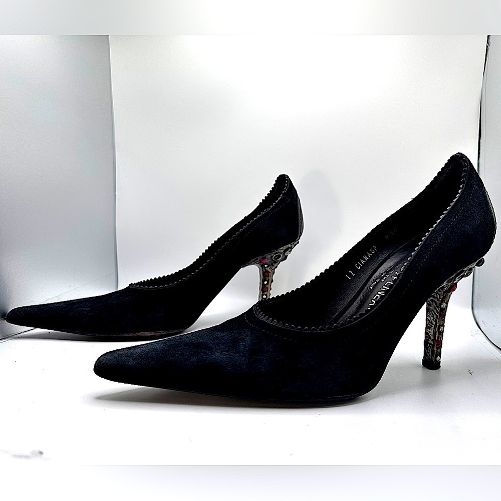Vintage Donald J Pliner Black Suede Featuring Unique Studded/Jeweled Heel Sz 6.5 - Picture 3 of 15